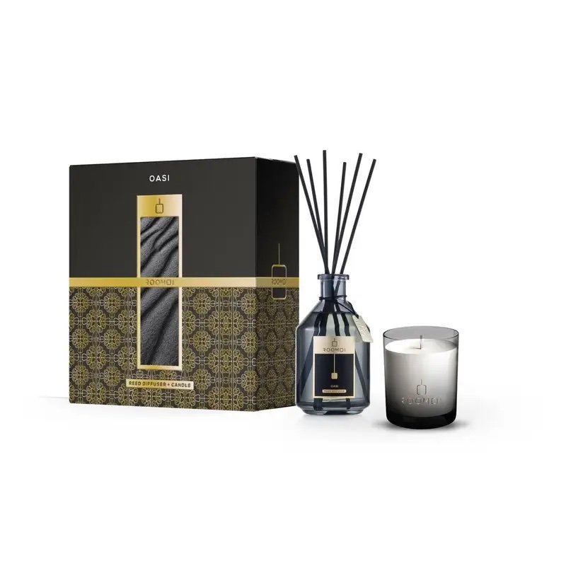 ROOMOI Hjemmeduft 200ml + 160g Stearinlys OASI sett 1 ROOMOI Hjemmeduft 200ml + 160g Stearinlys OASI sett